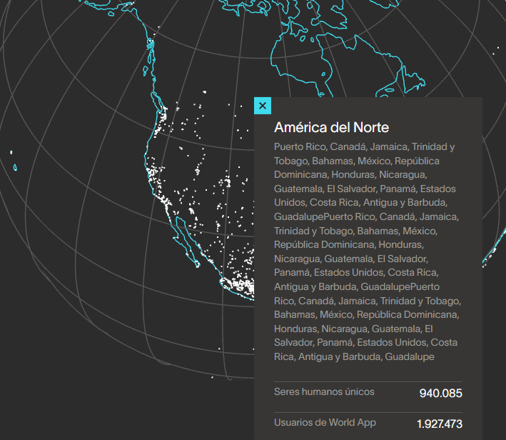 Map that shows the number of people scanned by the Orbes of Worldcoin in North America.