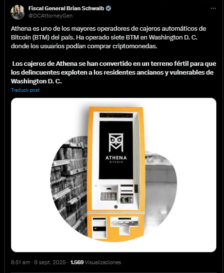 A tweet from Attorney General Brian Schwalb on the case of Athena Bitcoin.