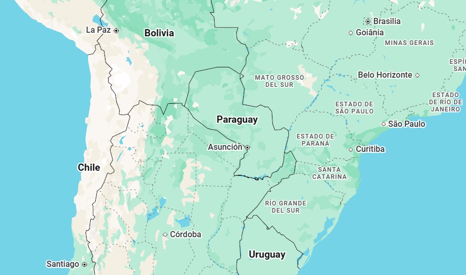 Map that shows a part of South America, countries like Bolivia Paraguay Uruguay Chile and Brazil appear