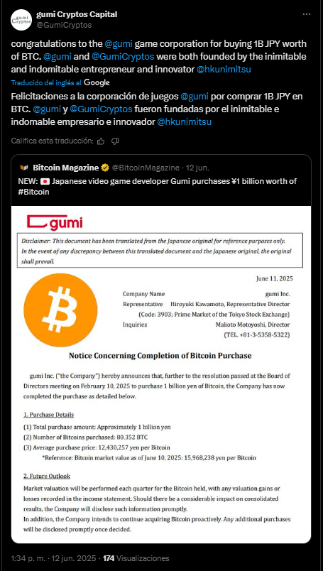 X message from the Gumi company about its purchase of Bitcoin.