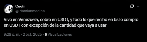 Image capture of a tweet that talks about the use of USDT in Venezuela