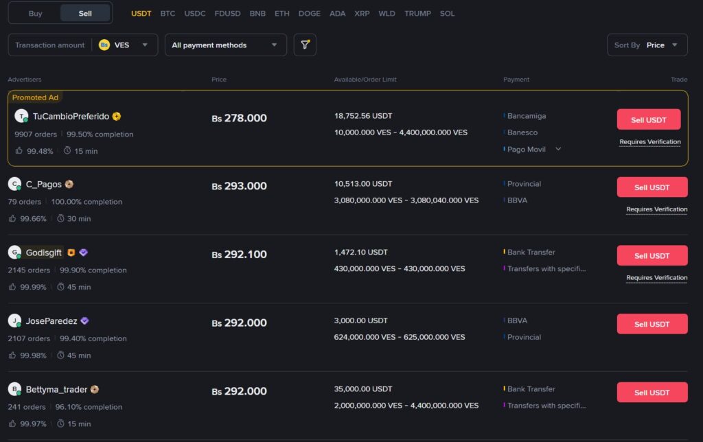 Screenshot of Binance P2P for the sale of USDT for bolivars.