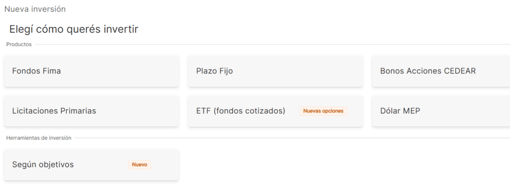 Screenshot showing the types of investments offered by Banco Galicia, including ETFs.