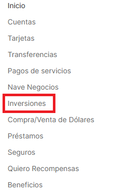 Banco Galicia website menu. The investments section is highlighted with a red box.