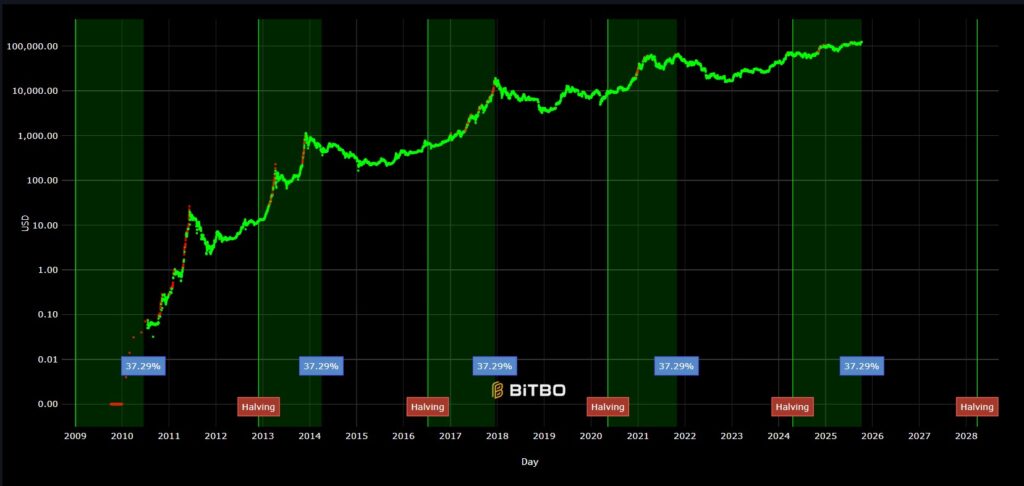 Chart with green lines representing the price of bitcoin and halving cycles over time.