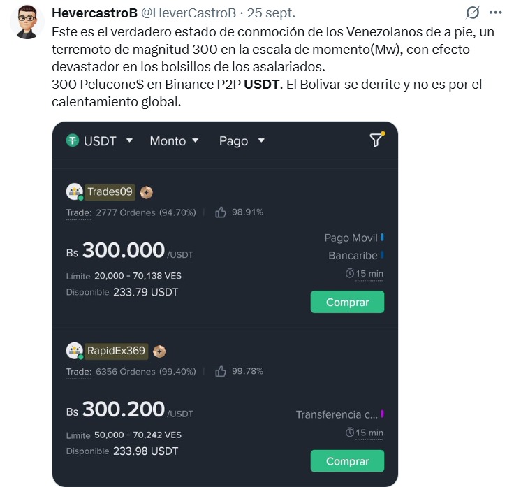 Comment on the increase in USDT/Bolívar torque in Binance.