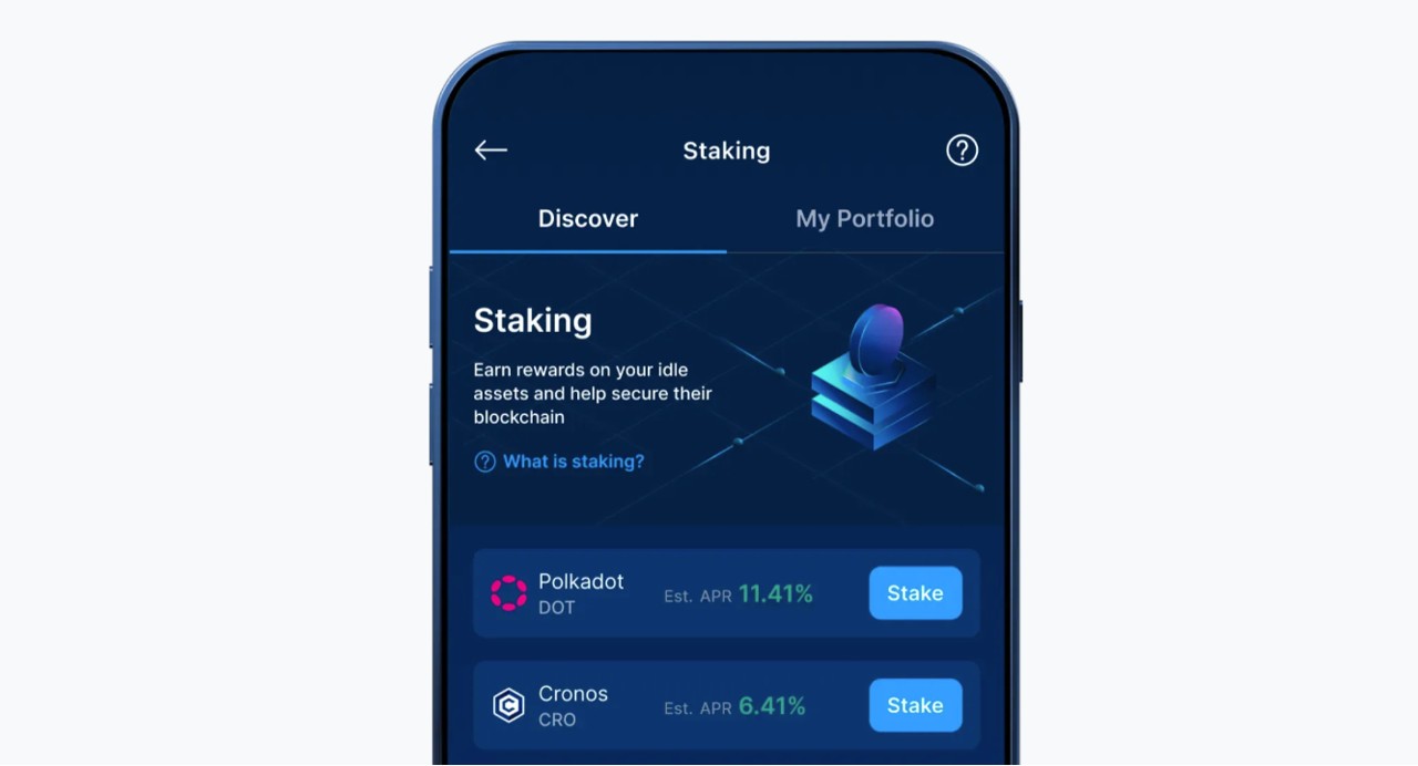 Cell phone showing staking feature in Crypto.com app