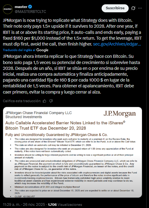 A message in X about the bitcoin bonuses recently announced by JP Morgan.