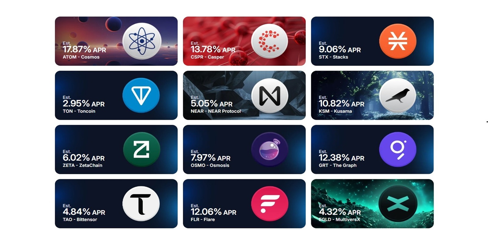 Matrix of token icons from different cryptocurrency networks available for staking.
