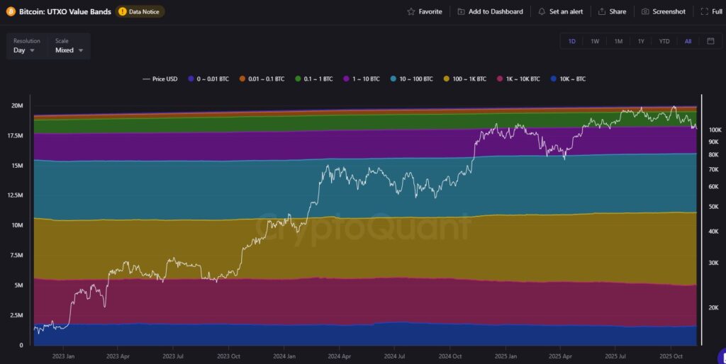 Chart showing most UTXOs in small ranges, indicating that users often hold fractions of bitcoin.