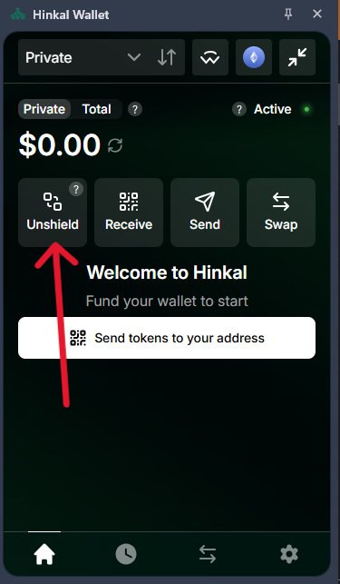 Hinkal wallet interface, to send and receive cryptocurrencies.