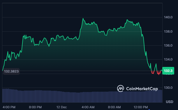 Graph of the price of the SOL cryptocurrency during December 12.