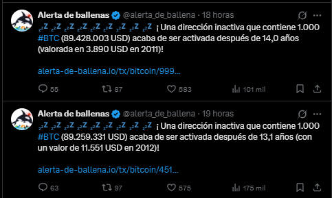 A message in X about the movement of old bitcoin addresses.