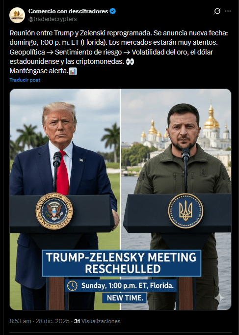 Trump and Zelensky in front of a podium reflecting the meeting that both hold on December 28, 2025.