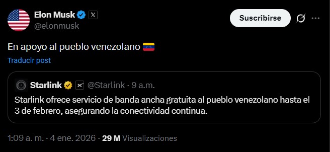 Capture of the post by Elon Musk and Starlink about Internet service for Venezuelans.