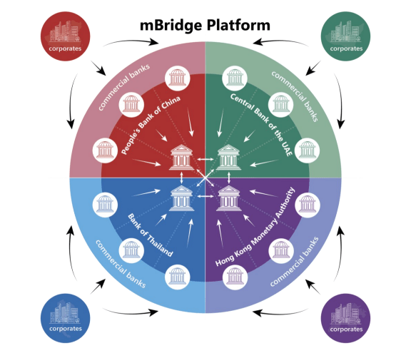 A graphic shows how the mbridge multi CBDC platform connects central banks of various nations facilitating cross-border payments.