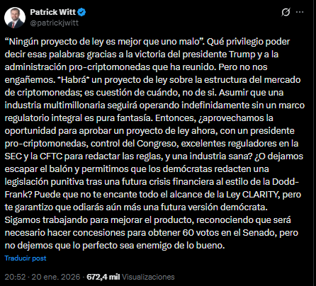 A tweet from Patrick Witt who is on Trump's cryptocurrency policy advisory team.