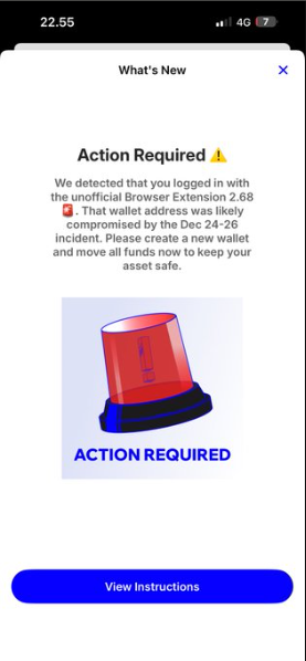 Screenshot of a user who received a communication from Trust Wallet alerting that their wallet was compromised.