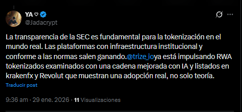 A tweet from a member of the cryptocurrency community who applauds the SEC's guidance on tokenized assets.
