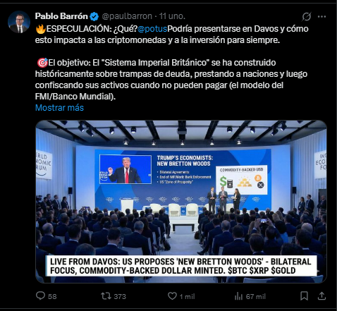 A tweet from analyst Paul Barrón in which he shows his suspicions of what Donald Trump is up to with the global economy.