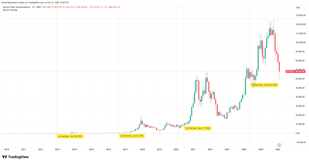 Bitcoin price chart and halving events.
