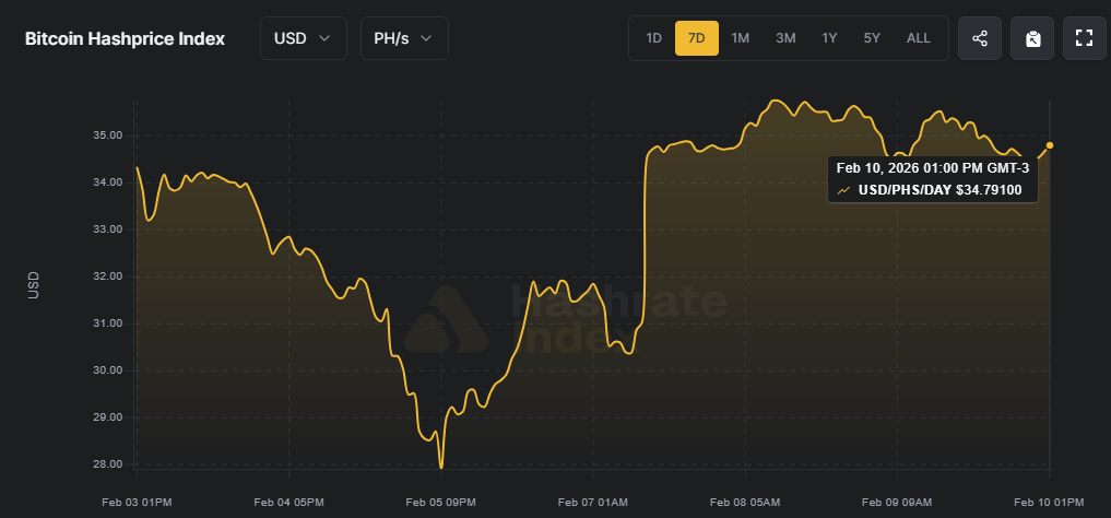 Chart with the evolution of the Bitcoin hashprice. 
