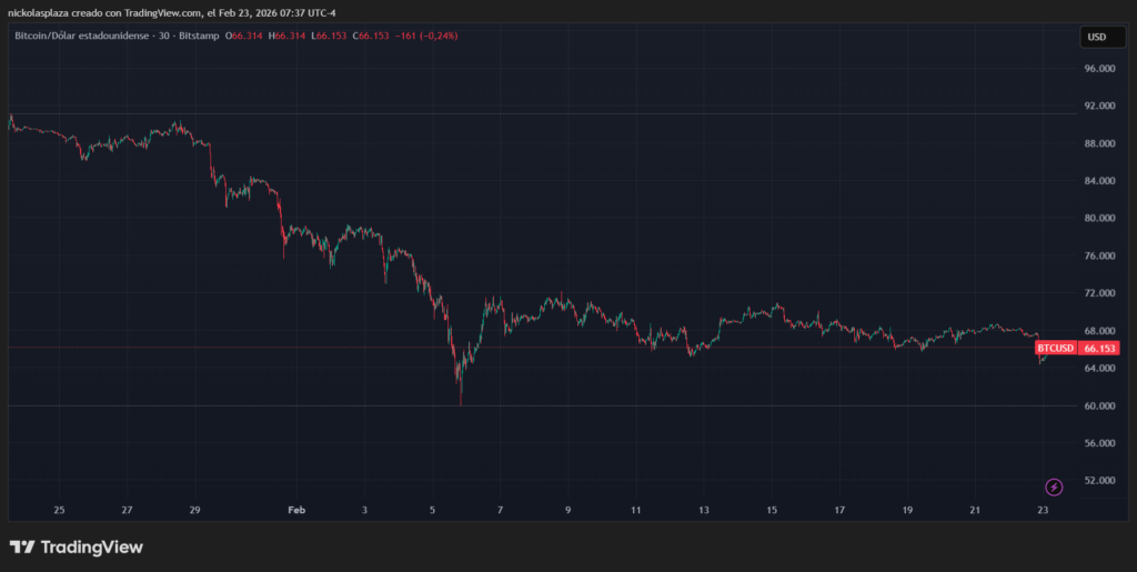 Green and red candle chart showing bitcoin performance.