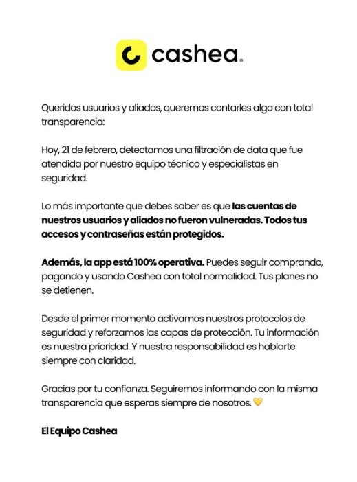 Official statement from Cashea in response to the leak. White background, black letters. Company logo.