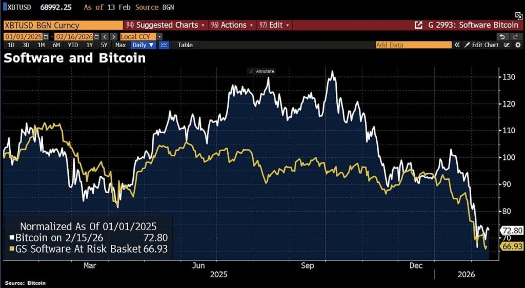Graph of the performance of bitcoin and the software sector.