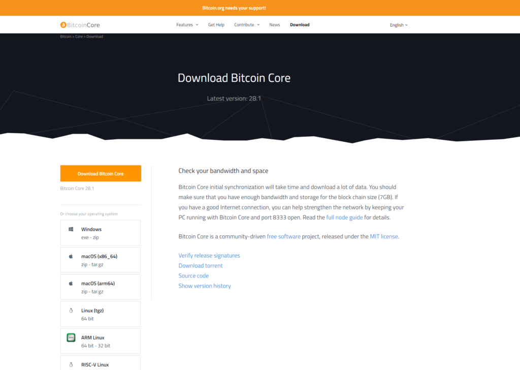 Screenshot of the Bitcoin Core download site.