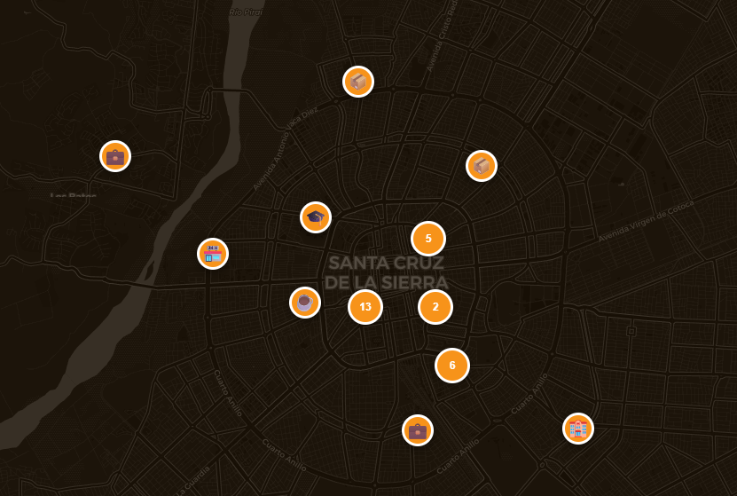 BTC map with 34 businesses that accept bitcoin as a means of payment in Santa Cruz. Bolivia.