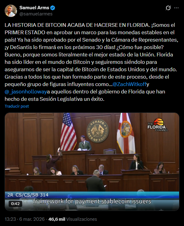 A tweet from Samuel Armes, president of the Florida Blockchain Business Association, celebrating the first state law to regulate stablecoins in the United States.