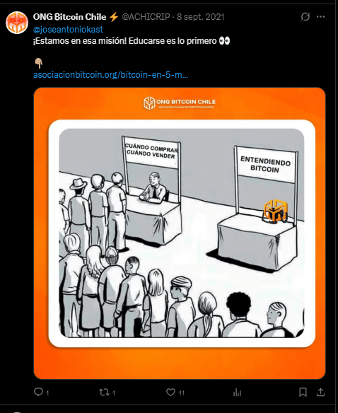 A publication on X by the NGO Bitcoin Chile in response to the current president of Chile José Antonio Kast.