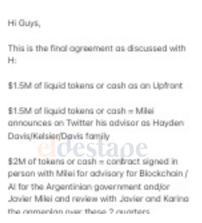 Screenshot of the message sent by Novelli.