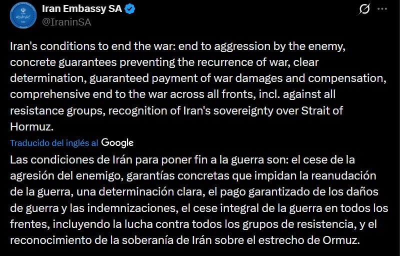 Message in X published by the Iranian embassy in South Africa. 