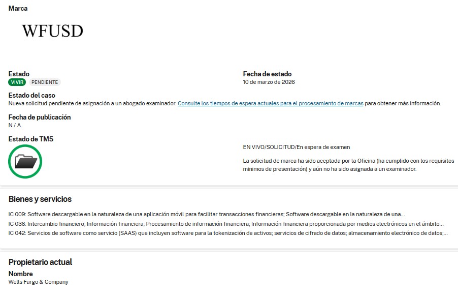 Trademark database showing application status for 'WFUSD', owned by Wells Fargo.